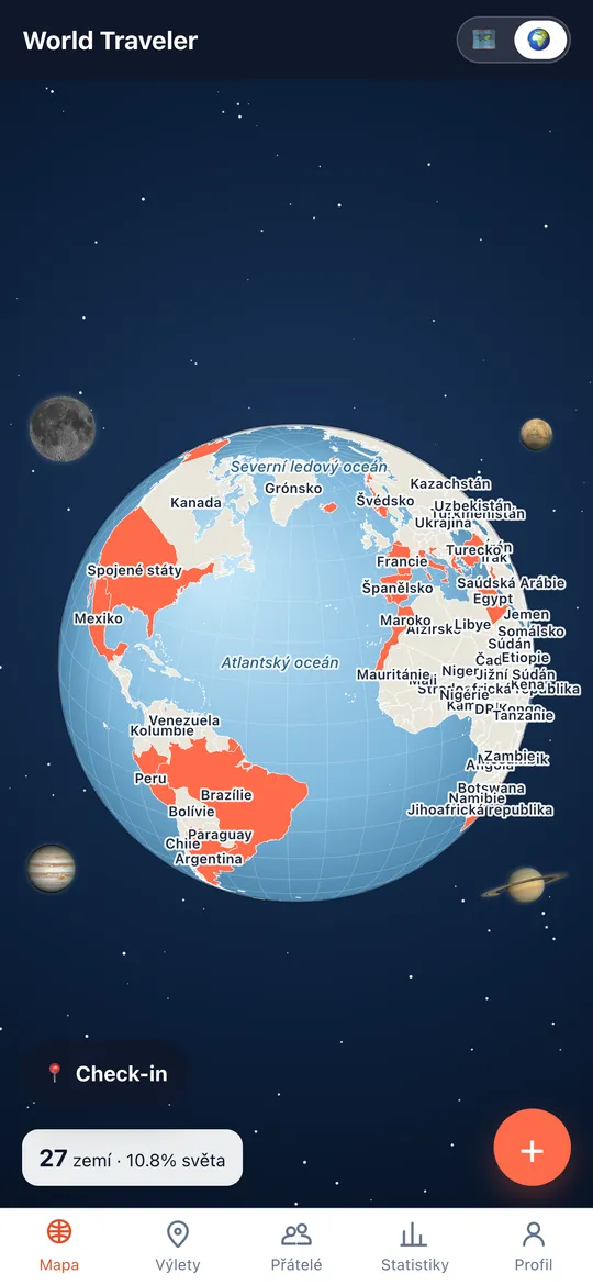 Obrazovka Tvoje mapa světa aplikace World Traveler