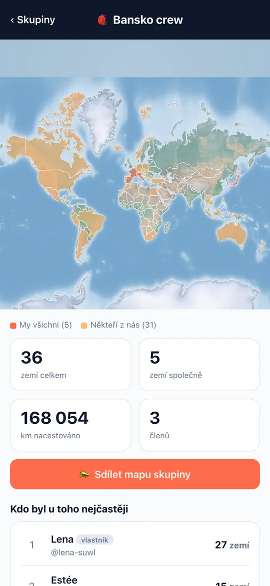 Obrazovka Skupinové mapy aplikace World Traveler