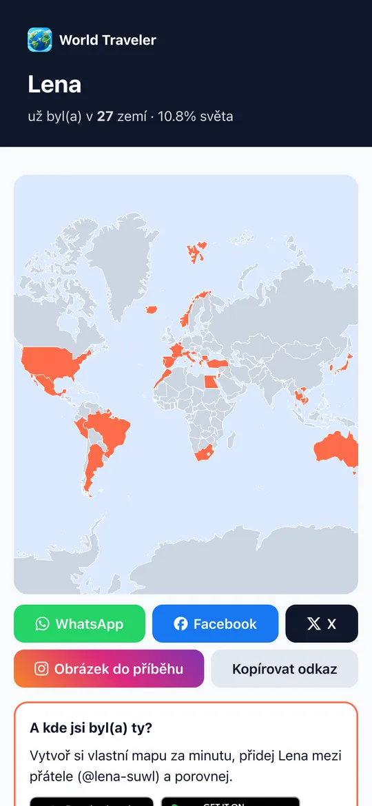 Sdílená mapa World Traveler s tlačítky pro sdílení