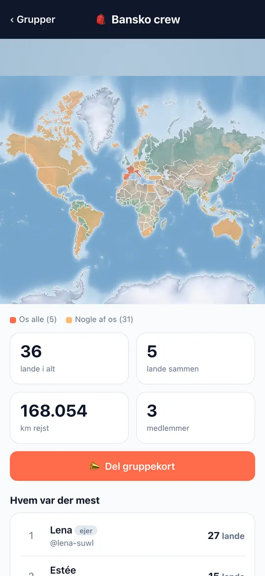 Skærmen Gruppekort i World Traveler-appen