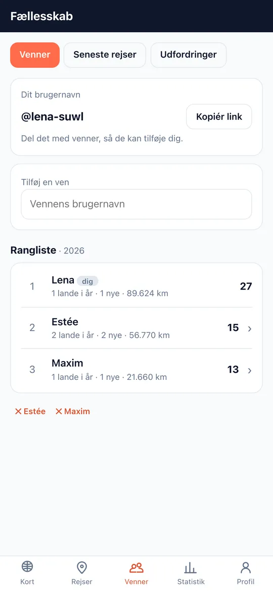 Skærmen Venner & rangliste i World Traveler-appen
