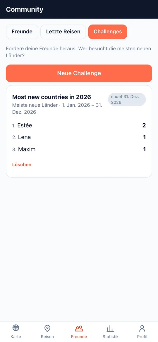 Screen Challenges der World Traveler App
