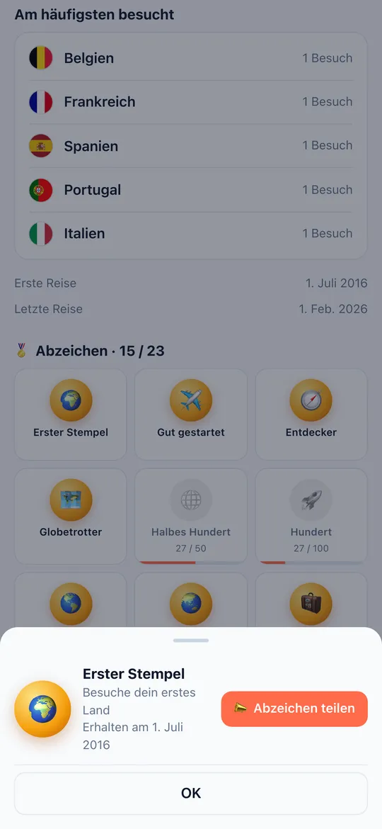 Screen Abzeichen der World Traveler App