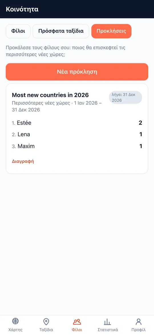 Οθόνη Προκλήσεις της εφαρμογής World Traveler