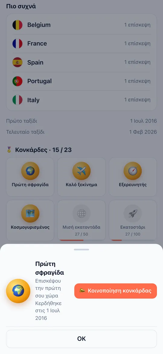 Οθόνη Παράσημα της εφαρμογής World Traveler