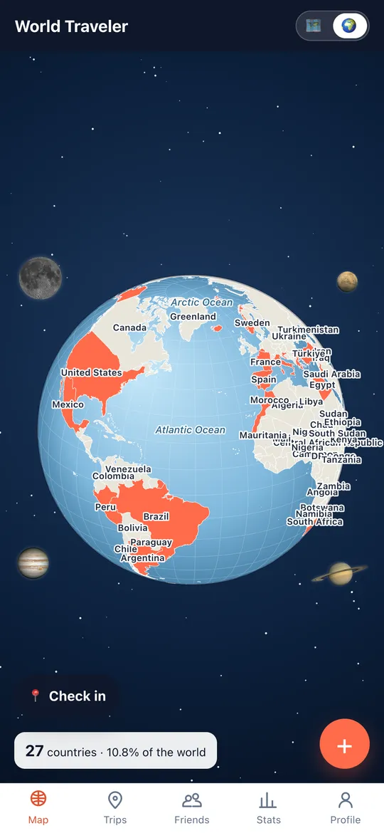 Your world map screen of the World Traveler app