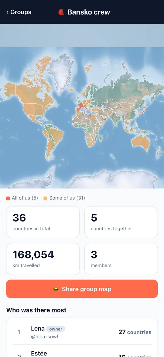 Group maps screen of the World Traveler app
