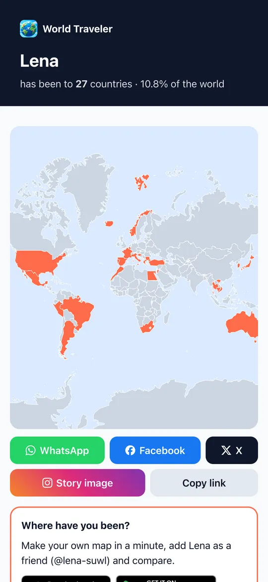 Shared World Traveler map with share buttons