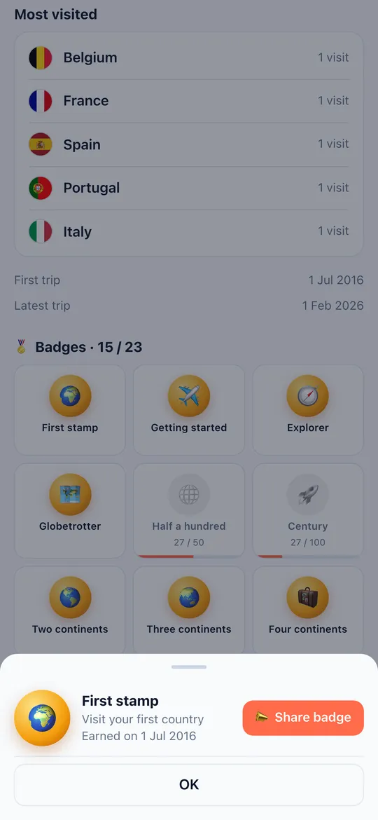 Badges screen of the World Traveler app