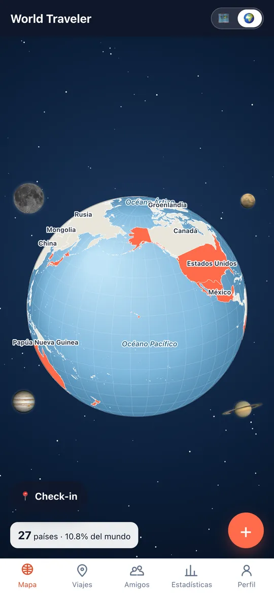 Pantalla Tu mapa del mundo de la app World Traveler