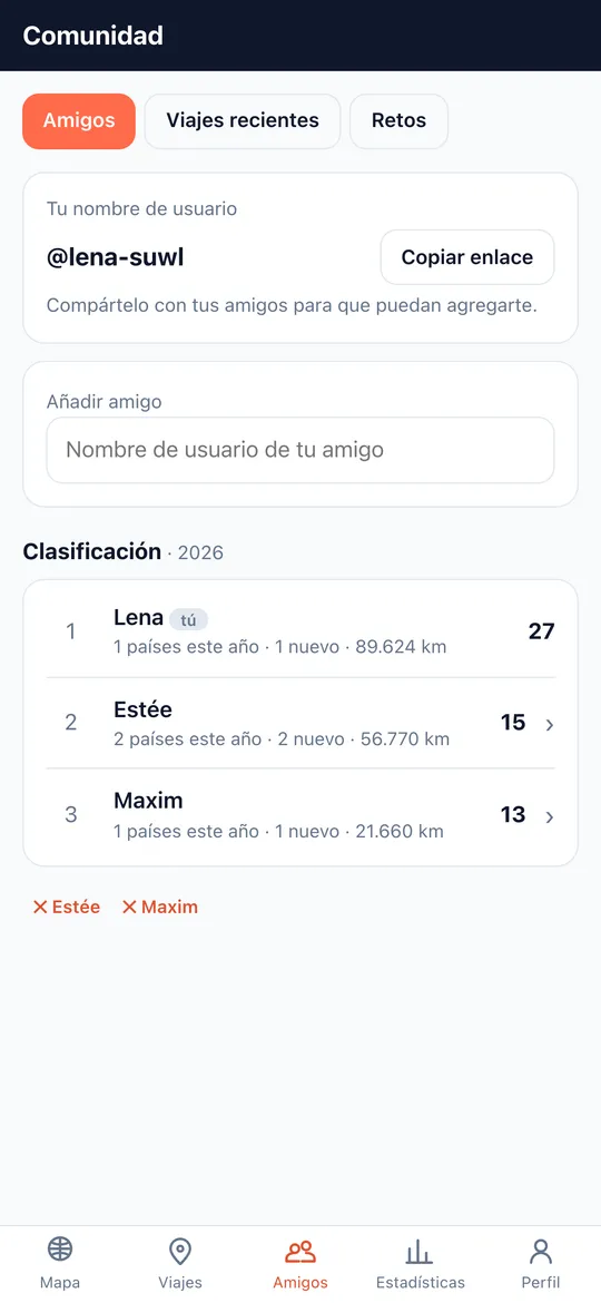 Pantalla Amigos & clasificación de la app World Traveler