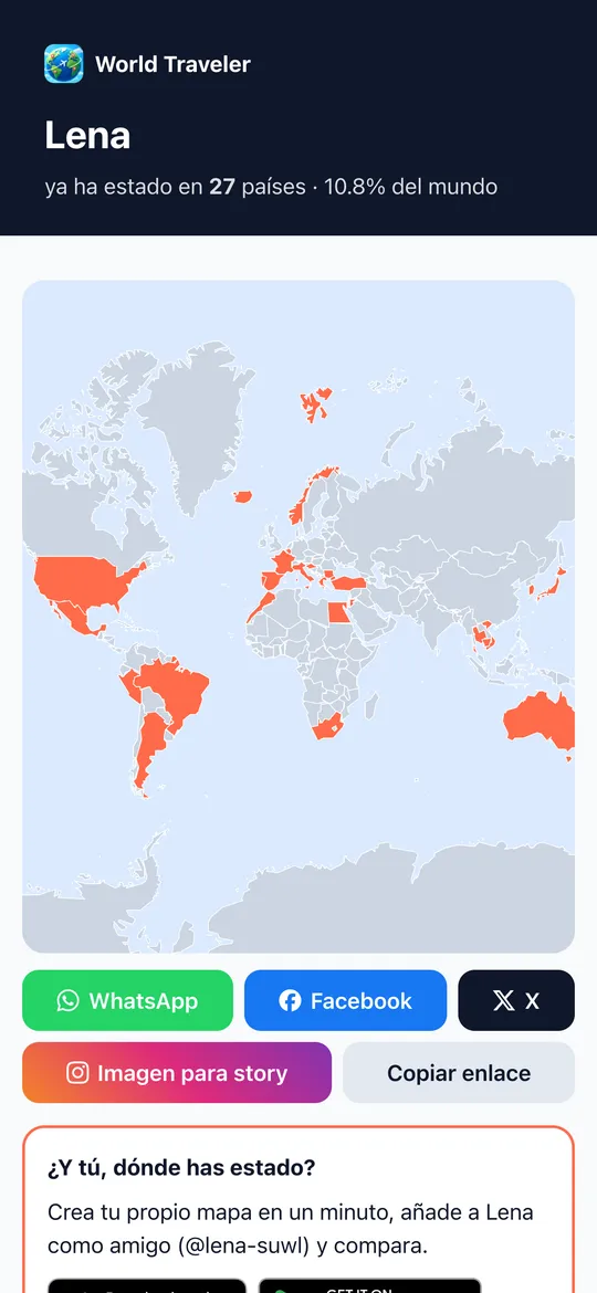 Mapa de World Traveler compartido con botones para compartir