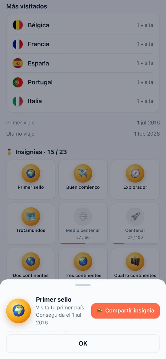 Pantalla Insignias de la app World Traveler