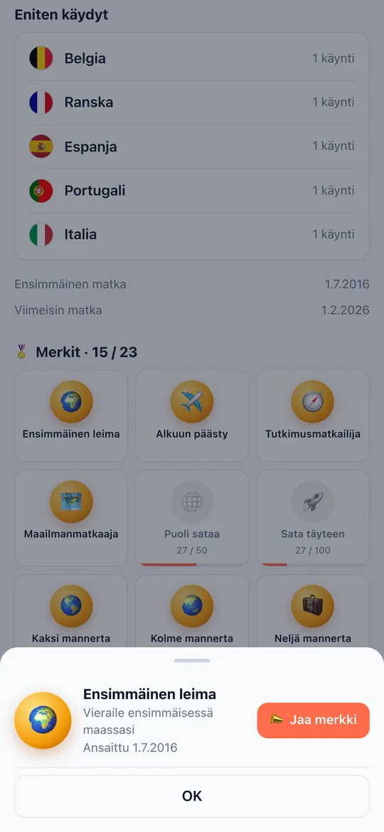 World Traveler -sovelluksen Merkit-näkymä