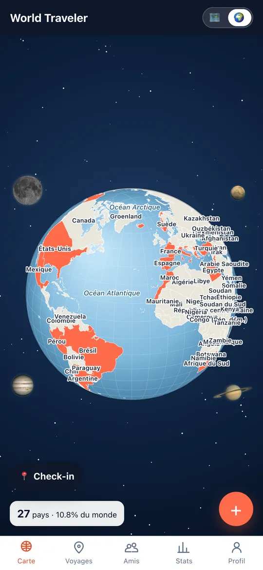 Écran Ta carte du monde de l'app World Traveler