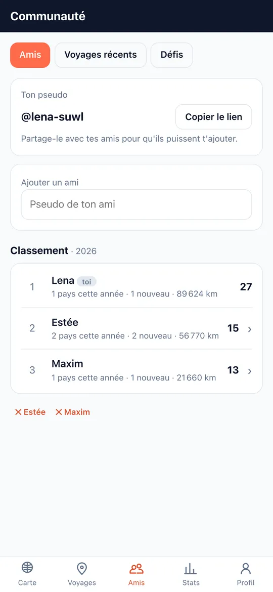 Écran Amis & classement de l'app World Traveler
