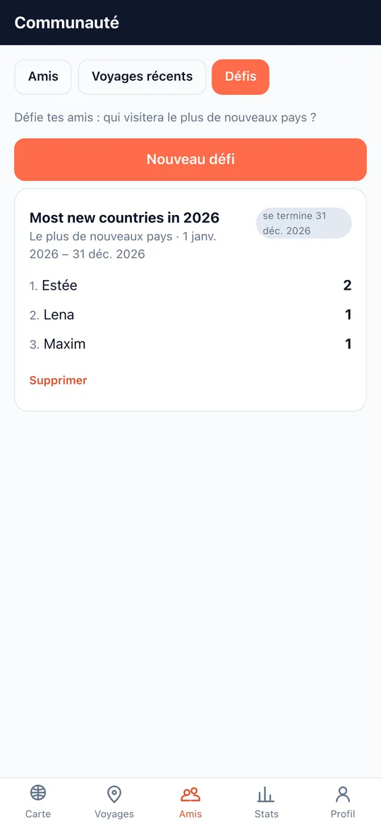 Écran Défis de l'app World Traveler