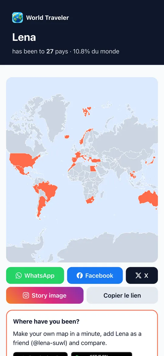 Carte World Traveler partagée avec boutons de partage