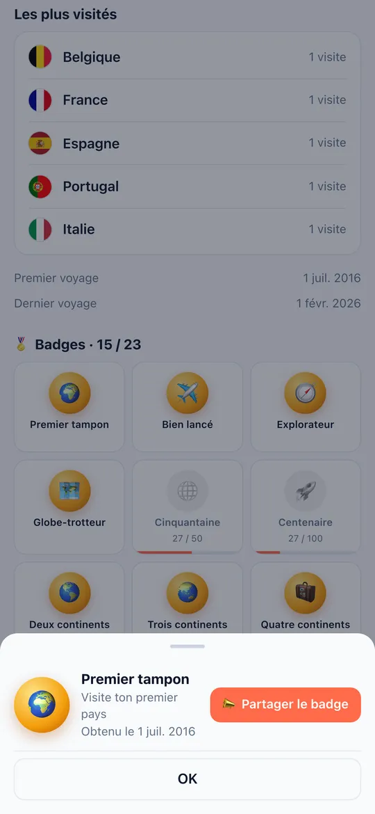 Écran Badges de l'app World Traveler