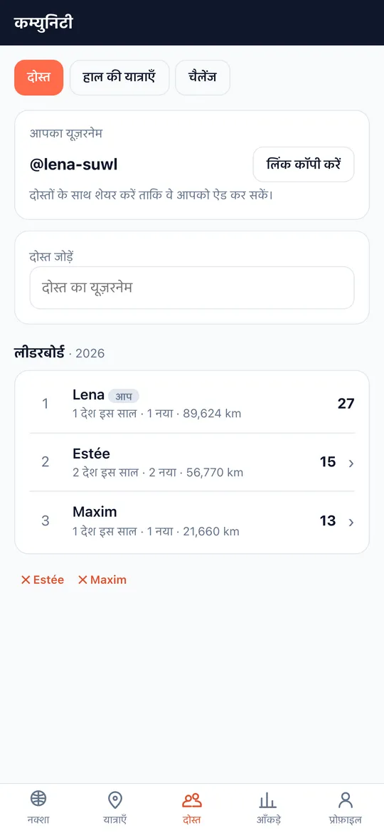 World Traveler ऐप की दोस्त और लीडरबोर्ड स्क्रीन