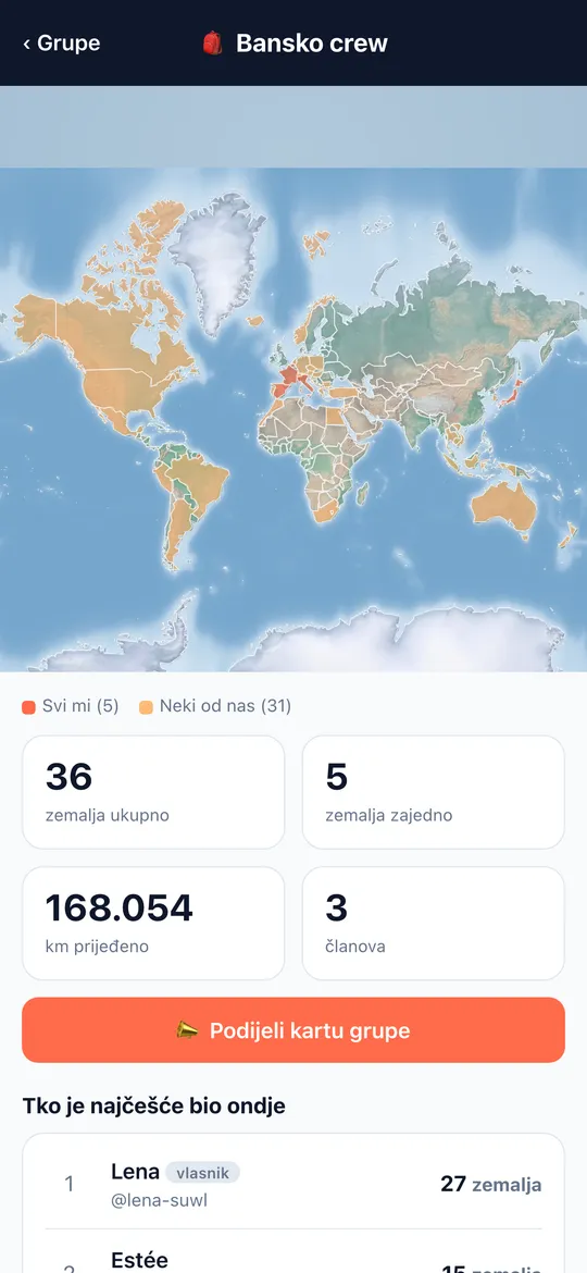 Zaslon Grupne karte aplikacije World Traveler