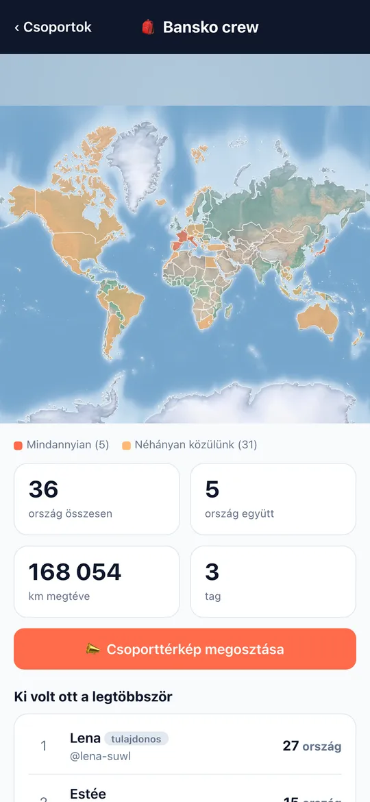A World Traveler app Csoportos térképek képernyője