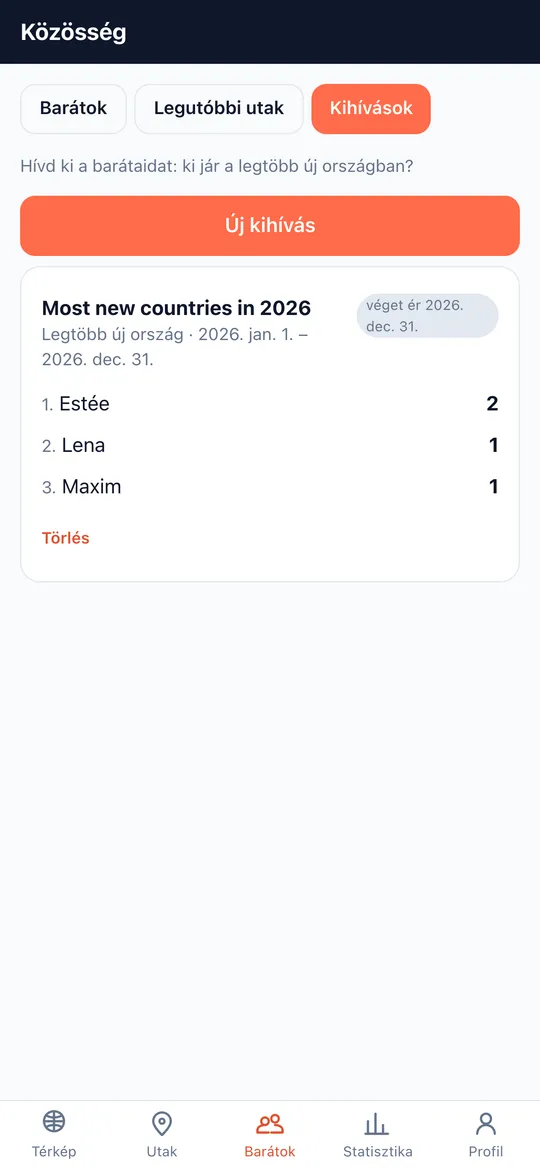 A World Traveler app Kihívások képernyője