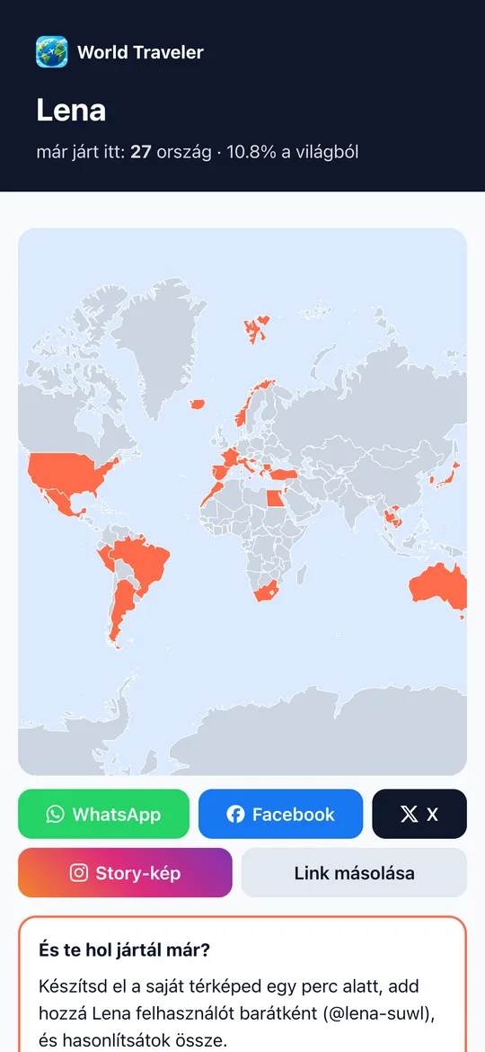 Megosztott World Traveler térkép megosztás gombokkal