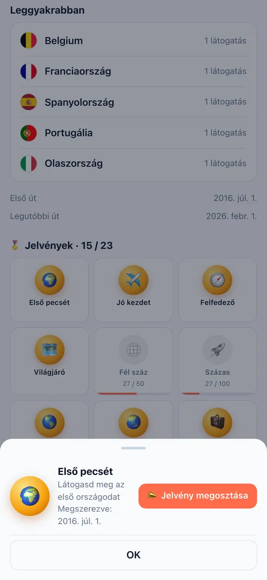 A World Traveler app Jelvények képernyője