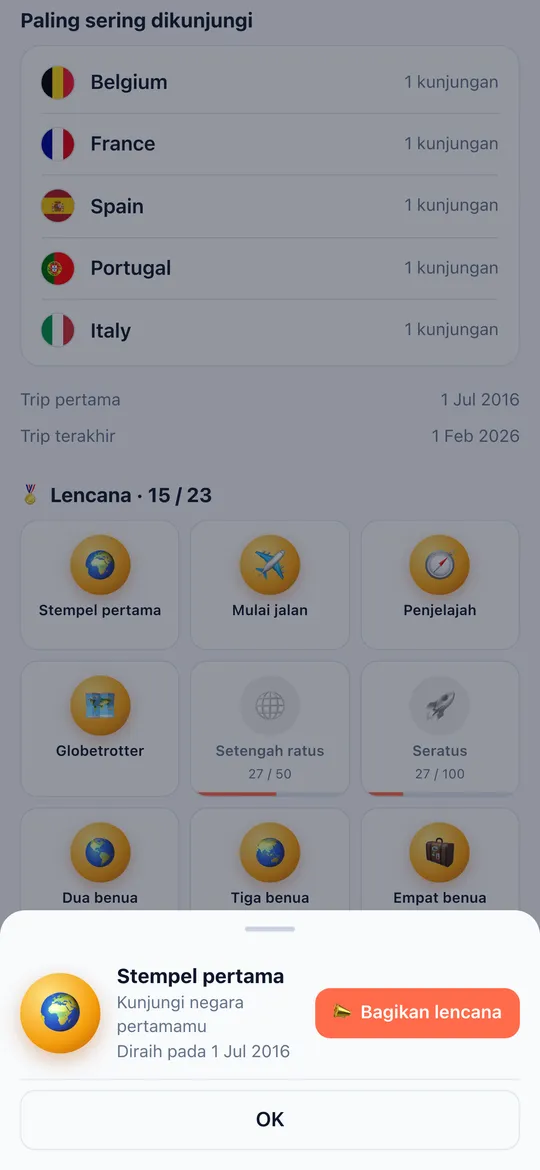 Tampilan Lencana di aplikasi World Traveler