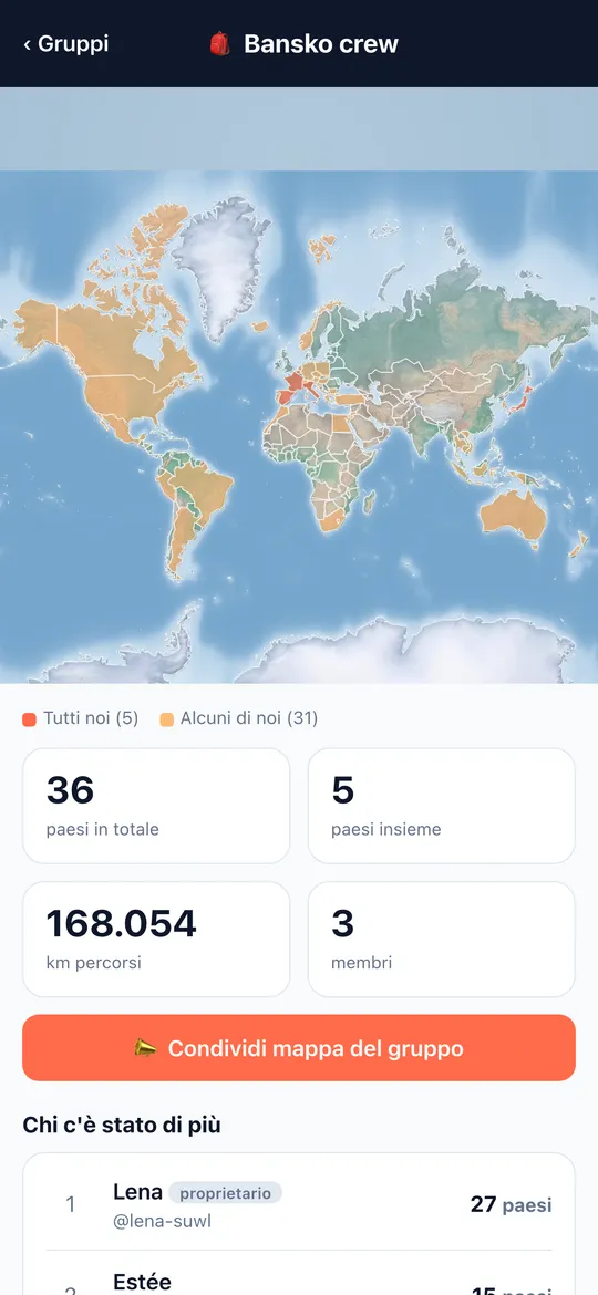 Schermata Mappe di gruppo dell'app World Traveler