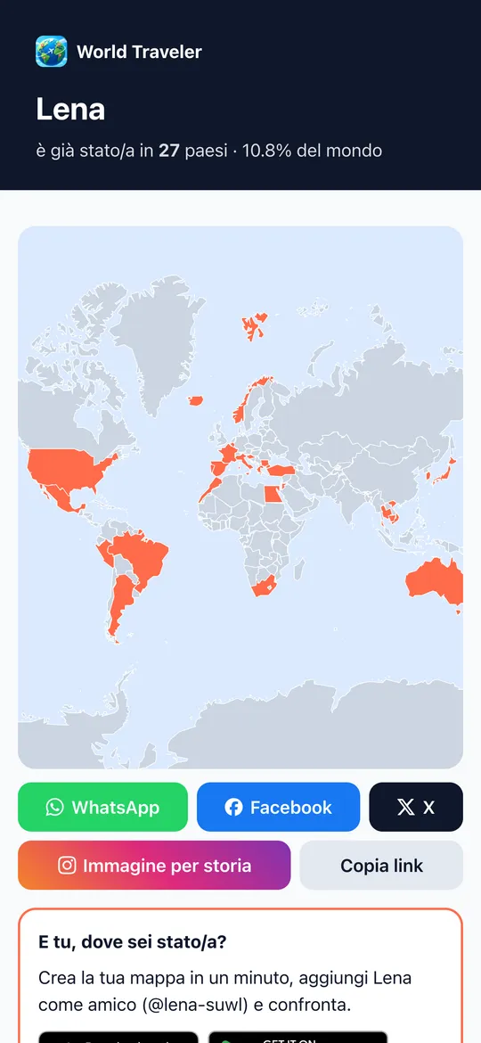 Mappa World Traveler condivisa con pulsanti di condivisione
