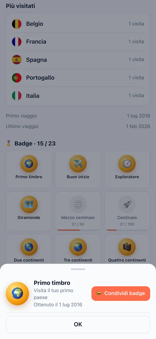 Schermata Badge dell'app World Traveler