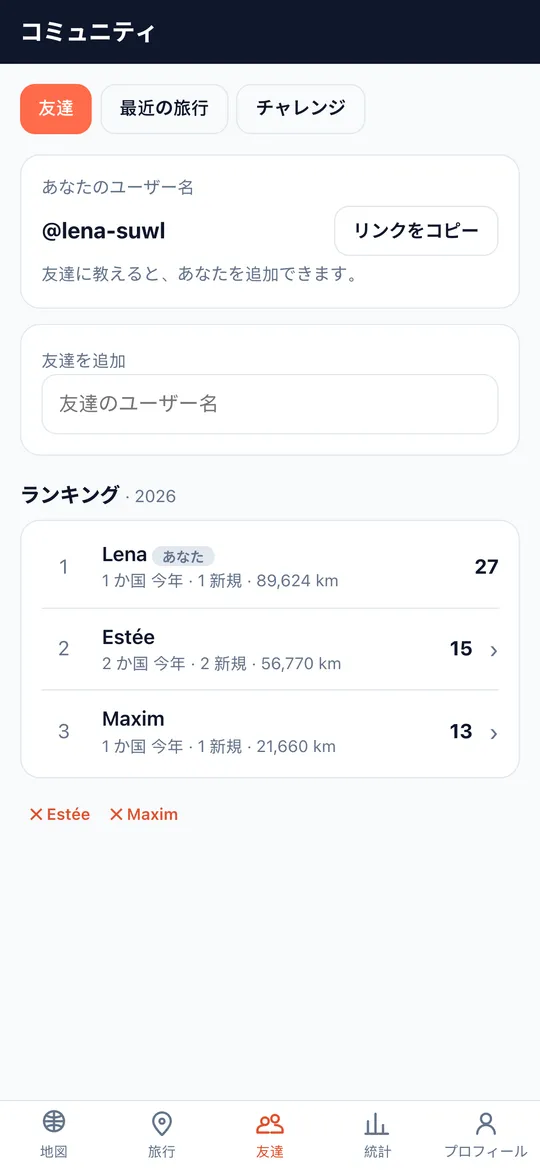 World Traveler アプリの友だちとランキング画面