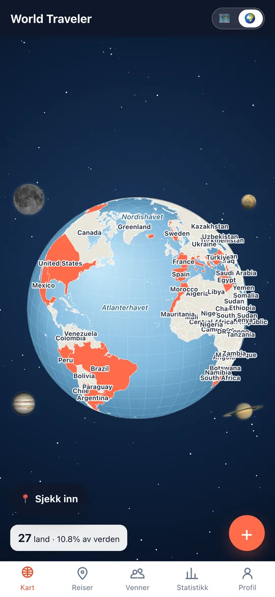 Ditt verdenskart-skjermen i World Traveler-appen