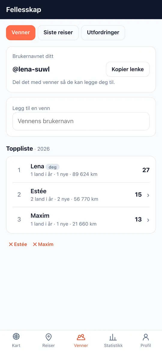 Venner & toppliste-skjermen i World Traveler-appen