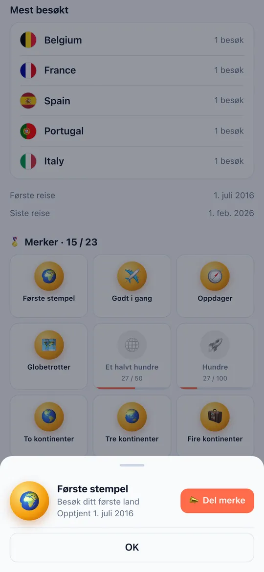 Merker-skjermen i World Traveler-appen