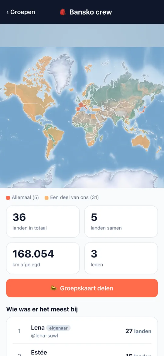 Scherm Groepskaarten van de World Traveler-app