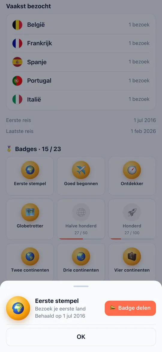 Scherm Badges van de World Traveler-app