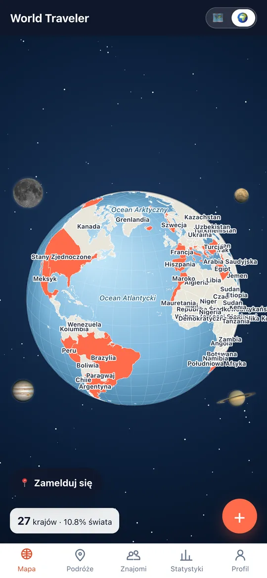 Ekran Twoja mapa świata aplikacji World Traveler