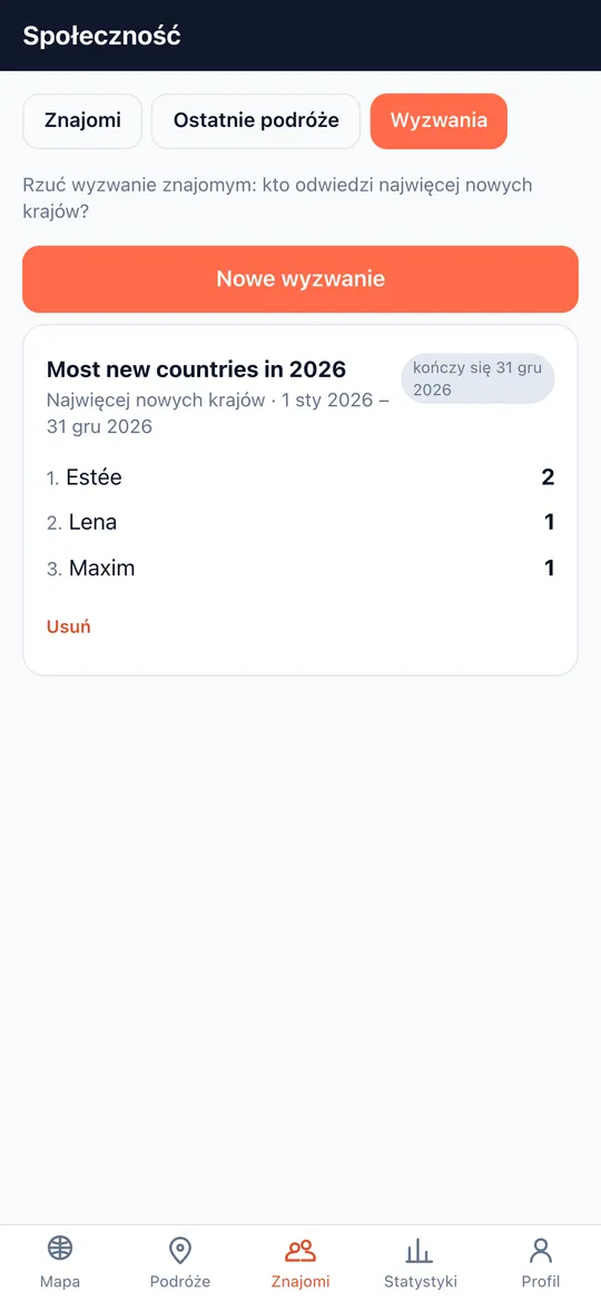 Ekran Wyzwania aplikacji World Traveler