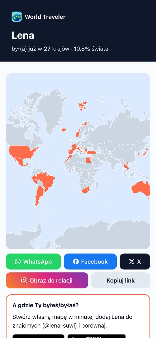 Udostępniona mapa World Traveler z przyciskami udostępniania