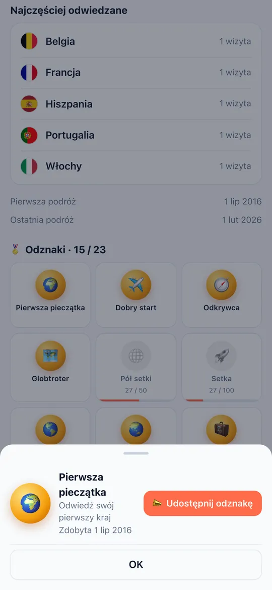 Ekran Odznaki aplikacji World Traveler