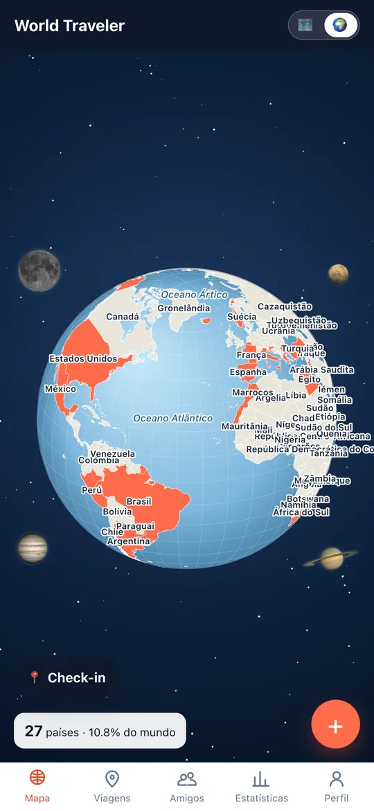Ecrã O teu mapa-múndi da app World Traveler