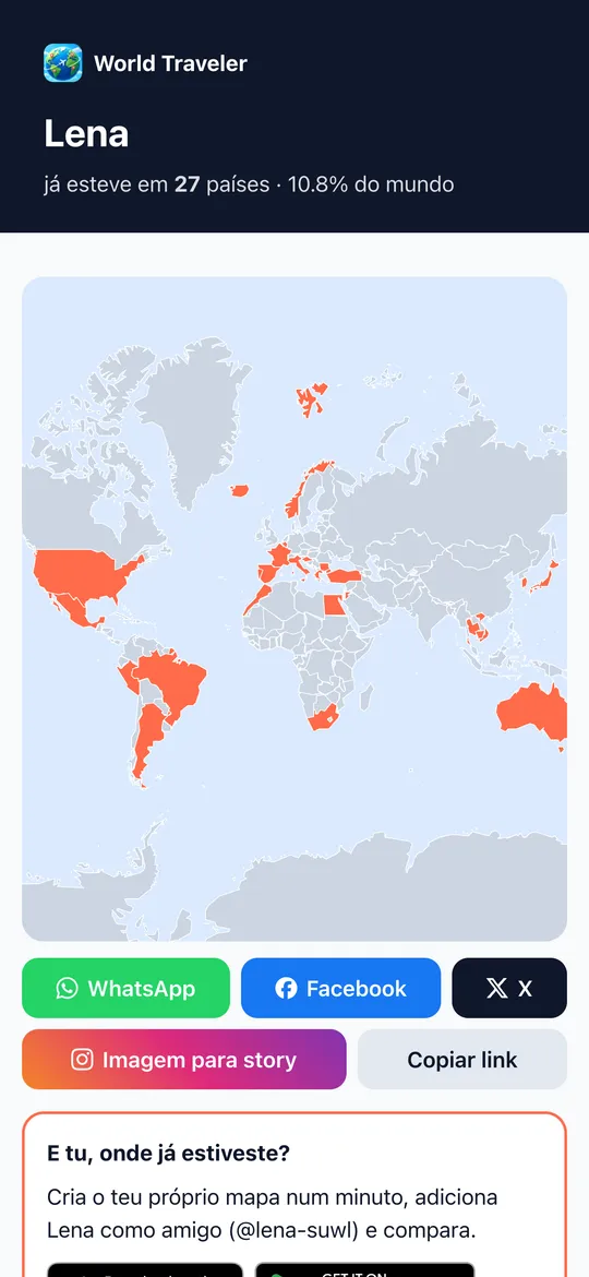 Mapa World Traveler partilhado com botões de partilha
