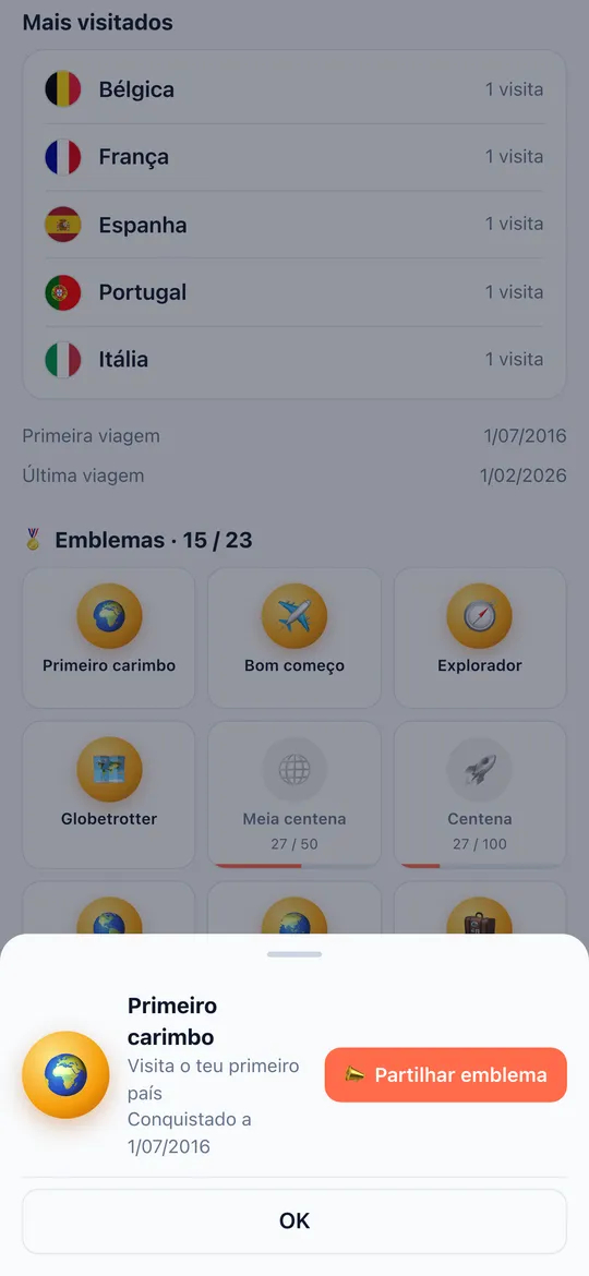 Ecrã Crachás da app World Traveler