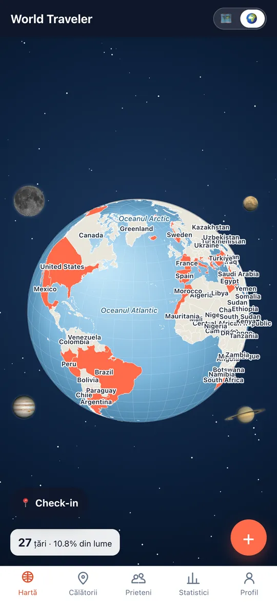 Ecranul Harta ta a lumii al aplicației World Traveler