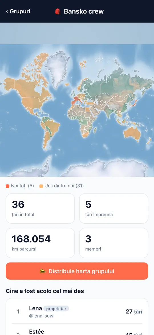 Ecranul Hărți de grup al aplicației World Traveler