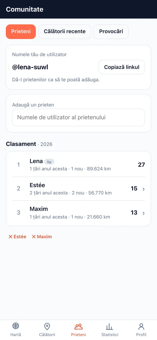 Ecranul Prieteni & clasament al aplicației World Traveler