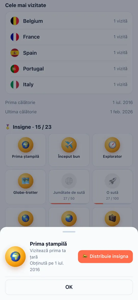 Ecranul Insigne al aplicației World Traveler